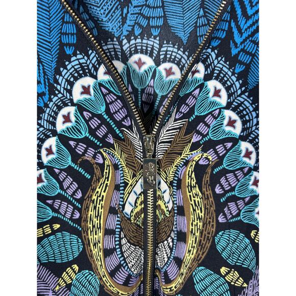 Bob Mackie Top 2X Black Blue Purple Feather Print 1/2 Zip Satin Tribal Peacock - Picture 3 of 10